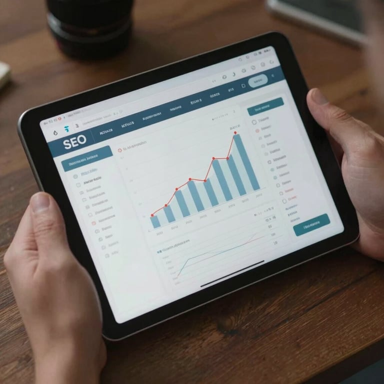 An overhead shot of hands using a tablet displaying SEO analytics tools and growth charts.