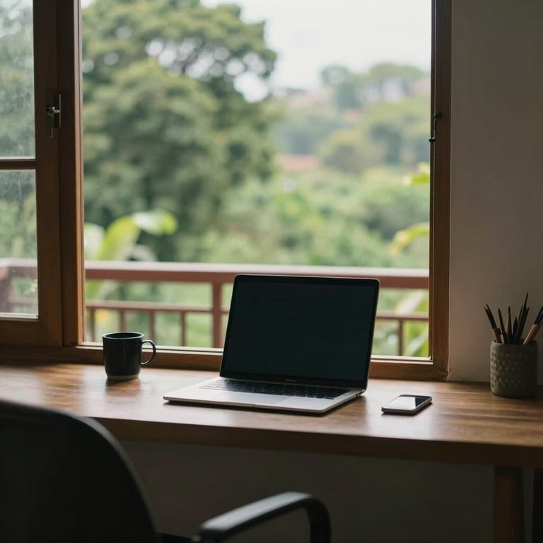 A minimalist home office setup in Pakistan with a view of a lush green balcony, focusing on digital work.