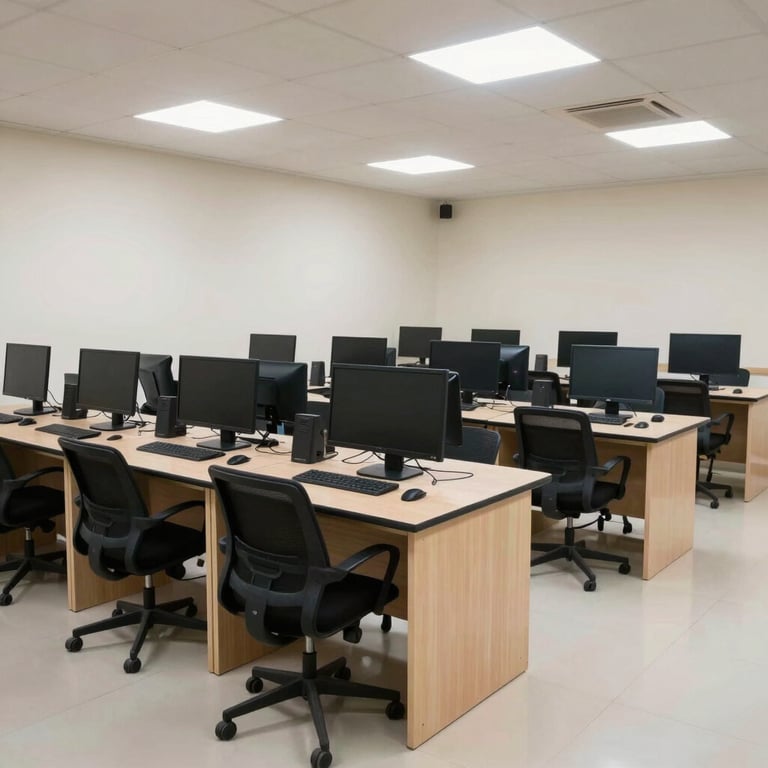 A wide shot of a bright, modern computer training lab in a Pakistani urban center.