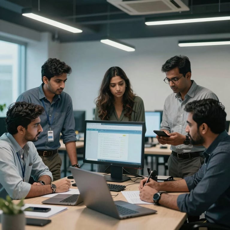 A group of South Asian professionals collaborating in a tech-focused co-working space in Pakistan, soft steel blue lighting.