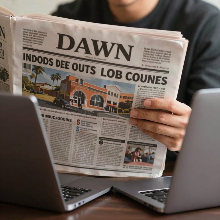 A close-up of a person reading a Dawn newspaper job section next to a modern laptop.