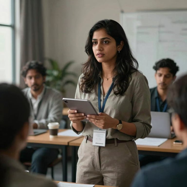 A professional South Asian woman leading a digital marketing workshop for a focused audience.