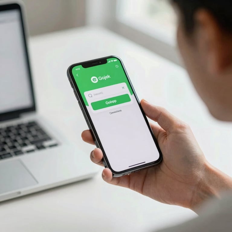 A person using the Gojek app on a smartphone in a modern Southeast Asian / Indonesian interior, soft natural lighting, clean aesthetic.
