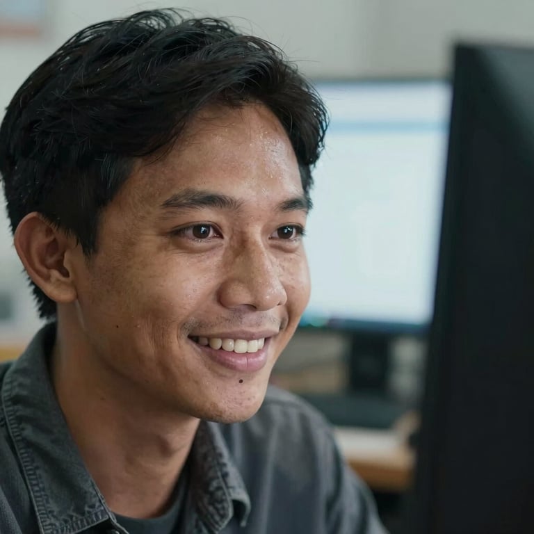 A close-up shot of a friendly face in a Southeast Asian / Indonesian workspace, looking at a screen with a helpful expression.