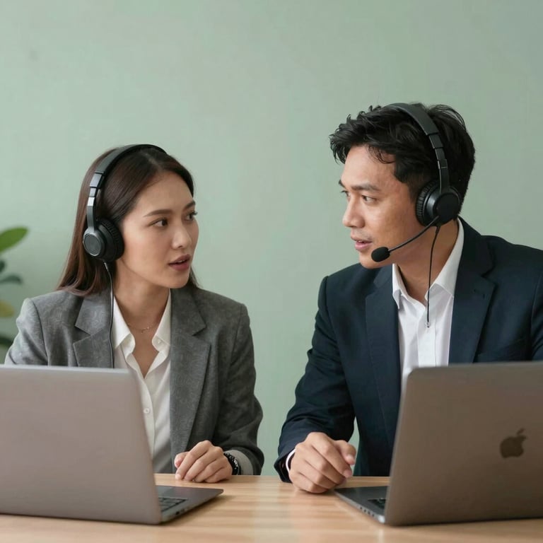 Two professionals in a Southeast Asian / Indonesian corporate setting discussing help center strategies, soft sage green background.