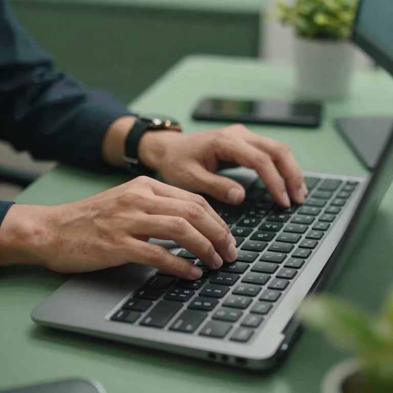 Close-up of a support team member's hands on a keyboard in a professional Southeast Asian / Indonesian office, deep forest green desk accessories.