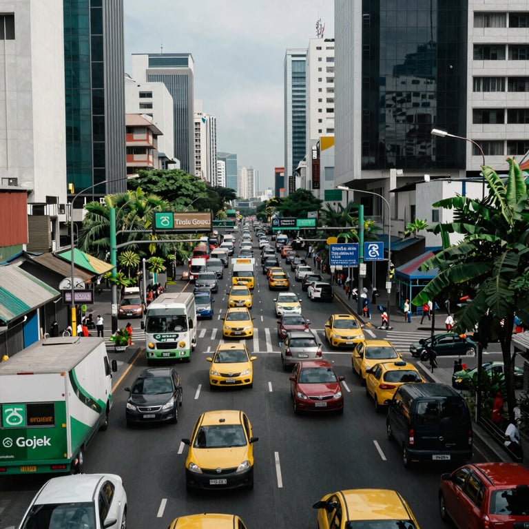 A busy but organized Southeast Asian / Indonesian urban landscape with efficient traffic flow, representing the Gojek ecosystem.