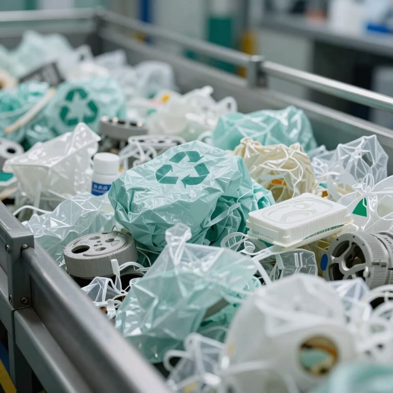 A close-up of clean, sorted recyclable materials in a high-tech facility, emphasizing efficiency and pale aqua tones.