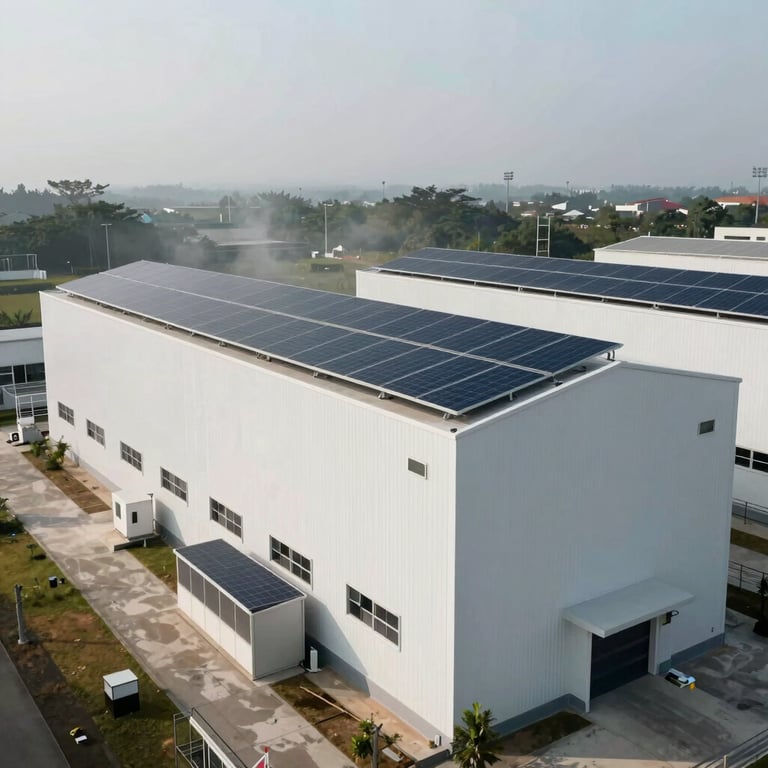 Exterior shot of a sleek, sustainable waste processing plant in Indonesia with mist white walls and solar panels.