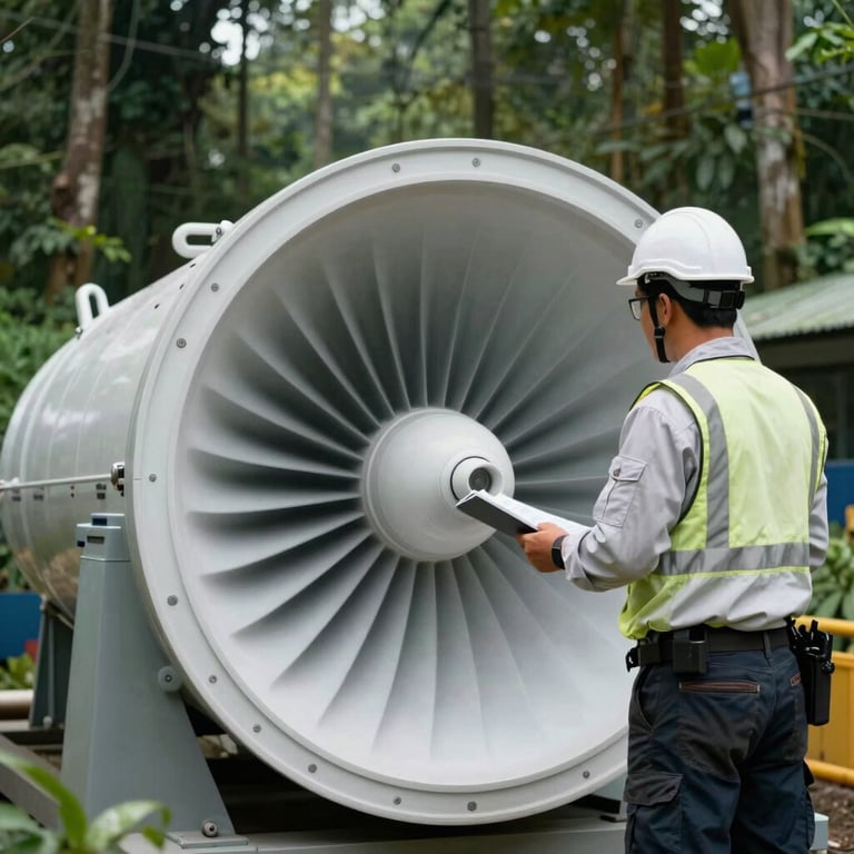 A professional engineer in an Indonesian facility inspecting a clean energy turbine, deep forest green and mist white palette.