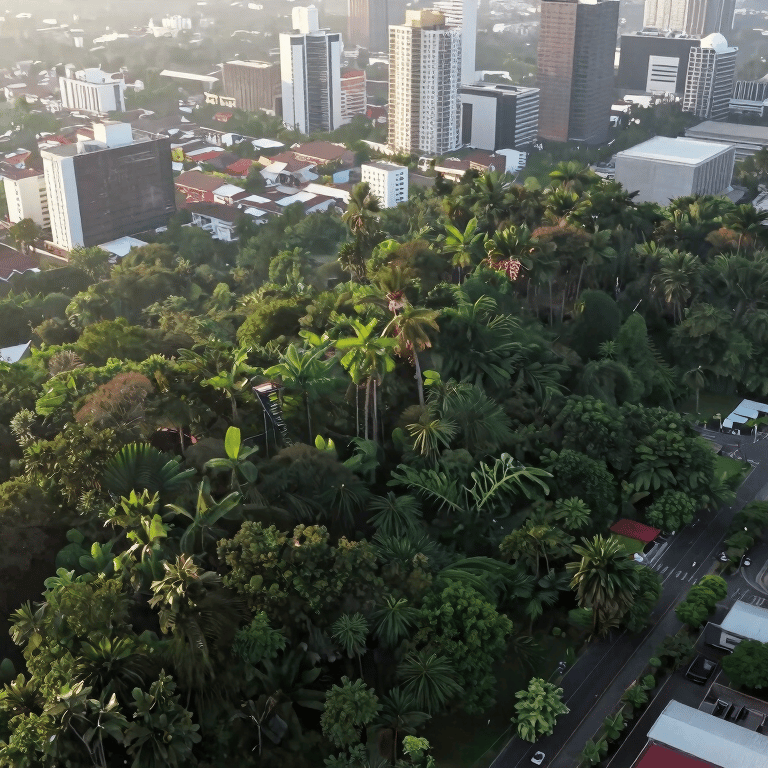 A group of Southeast Asian / Indonesian environmental consultants in professional attire discussing project plans in a bright, modern office.