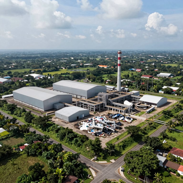 Aerial view of a lush green Indonesian industrial park implementing waste-to-energy solutions under a bright sky.