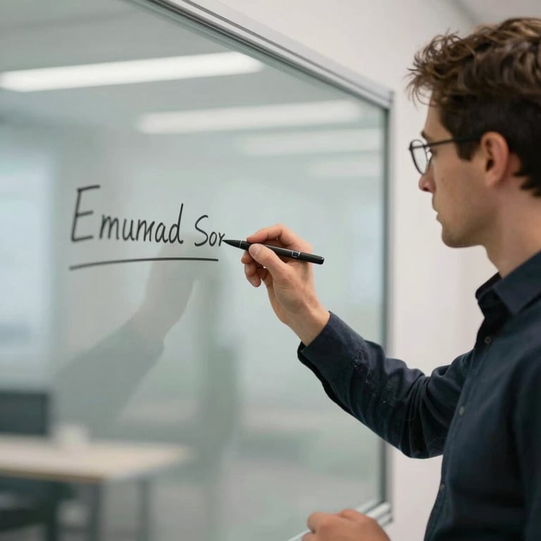 An instructor in a professional European setting writing innovative concepts on a glass board.