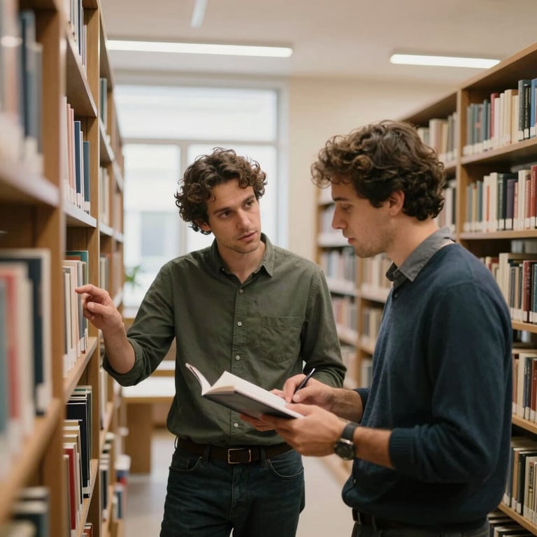 Two collaborators discussing a project in a brightly lit library with modern Portuguese design.