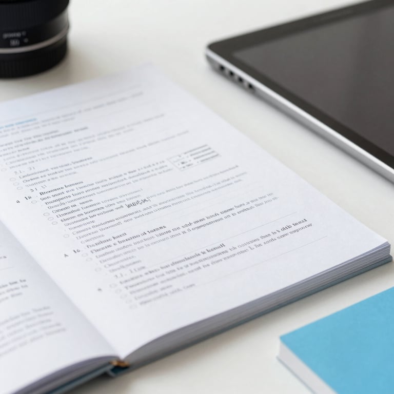 Close-up of educational materials and a digital tablet on a clean desk with light blue accents.
