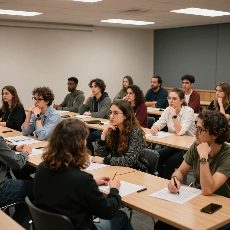 A group of adult students in a modern seminar room in Portugal, engaged in a creative thinking exercise.