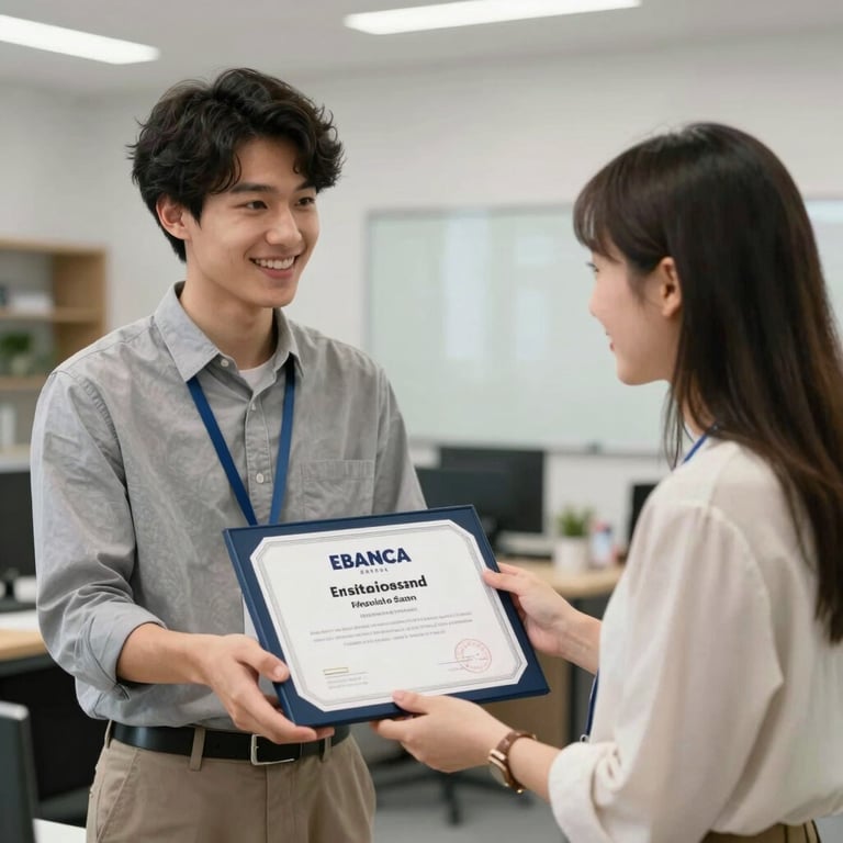A student receiving a professional certification, smiling in a well-lit office environment.