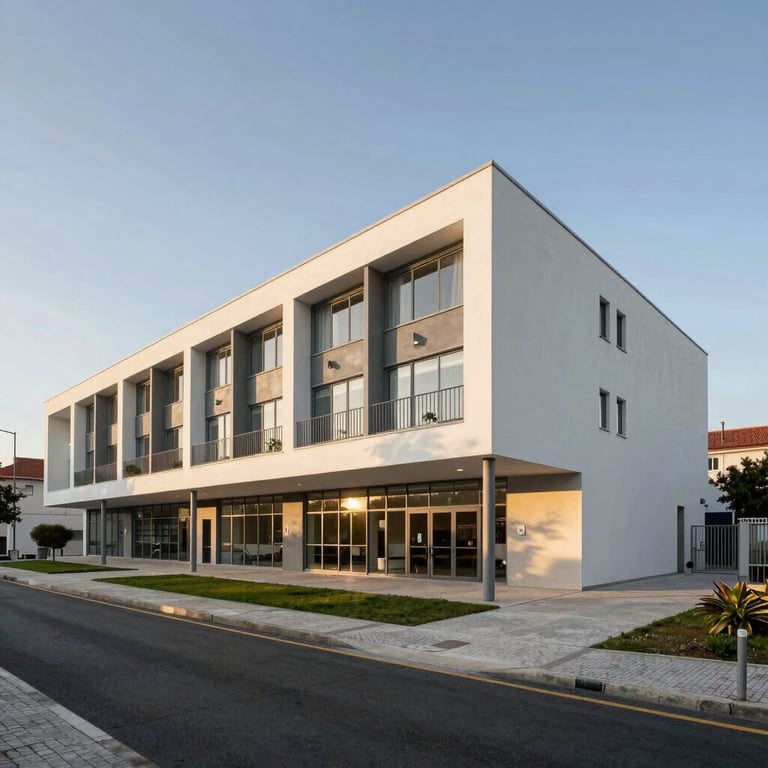 Exterior of a modern educational center in a Portuguese city, featuring clean lines and inviting architecture.