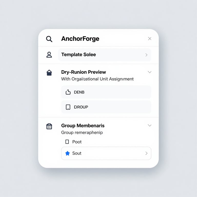 Crisp software interface mockup of AnchorForge showing role template selection, dry-run provisioning preview with organizational unit assignment, and group membership mapping, flat vector UI elements, clean light gray background.