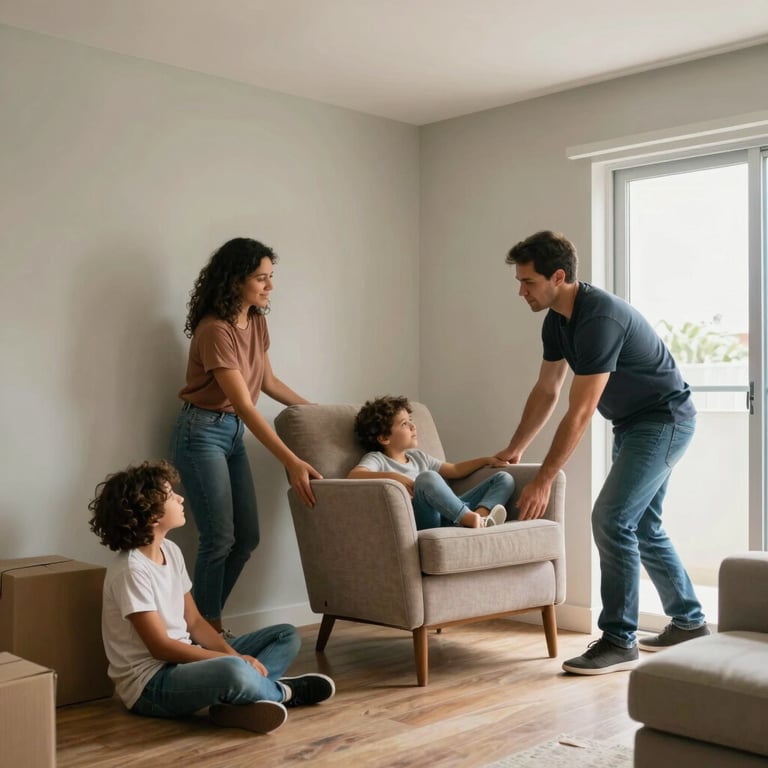 A family in their new apartment in Brazil, looking relaxed while movers efficiently place a protected armchair in the corner.