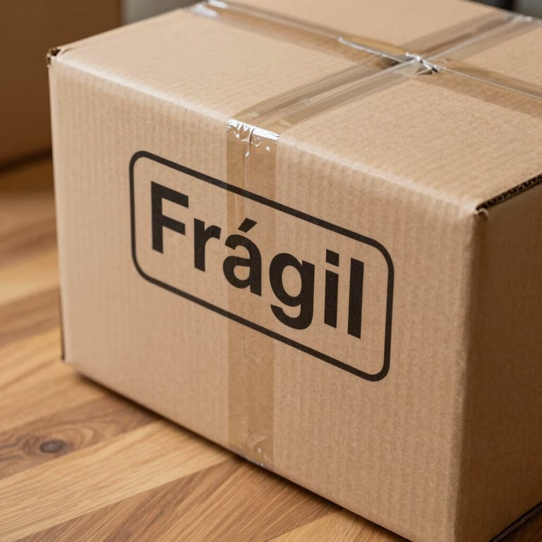 Close-up of a high-quality cardboard moving box with a clear 'Frágil' label written in Portuguese, placed on a clean wooden floor.