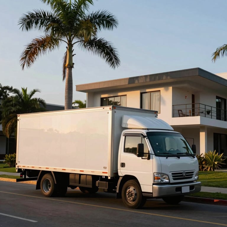 A scenic view of a moving truck parked in front of a modern South American house with palm trees in the background at sunrise.