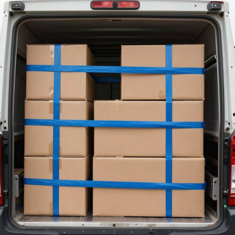 Interior shot of a moving truck showing perfectly organized boxes secured with heavy-duty sky blue straps.