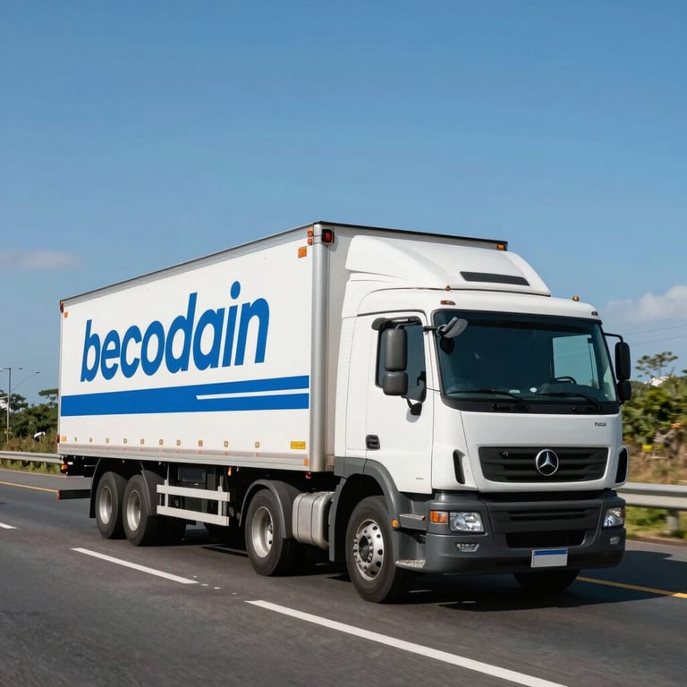 A large white moving truck with ocean blue branding driving down a well-maintained Brazilian highway under a clear blue sky.