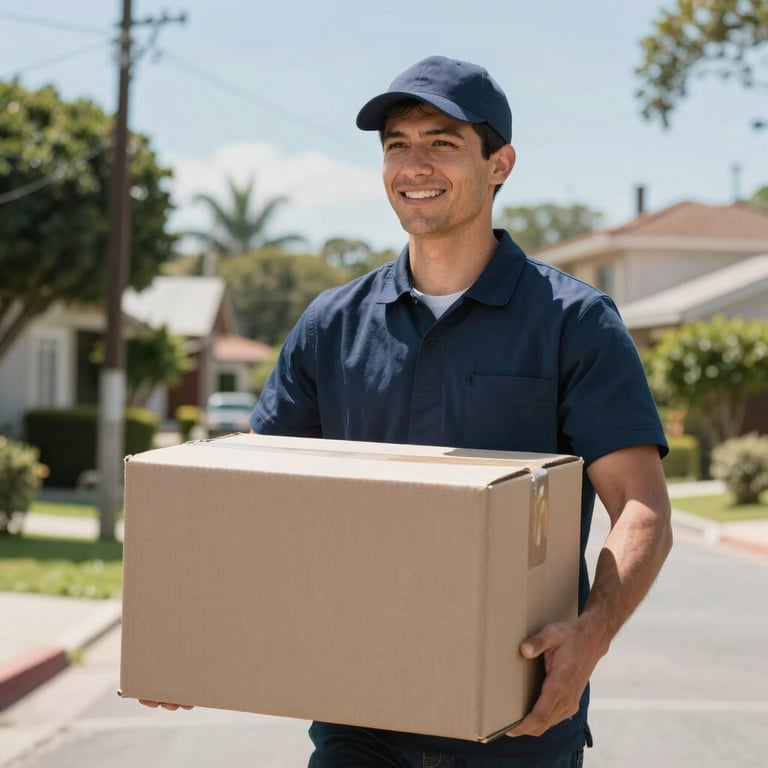 A professional mover in a clean navy uniform carrying a medium box with a smile, in a sunny South American suburban neighborhood.