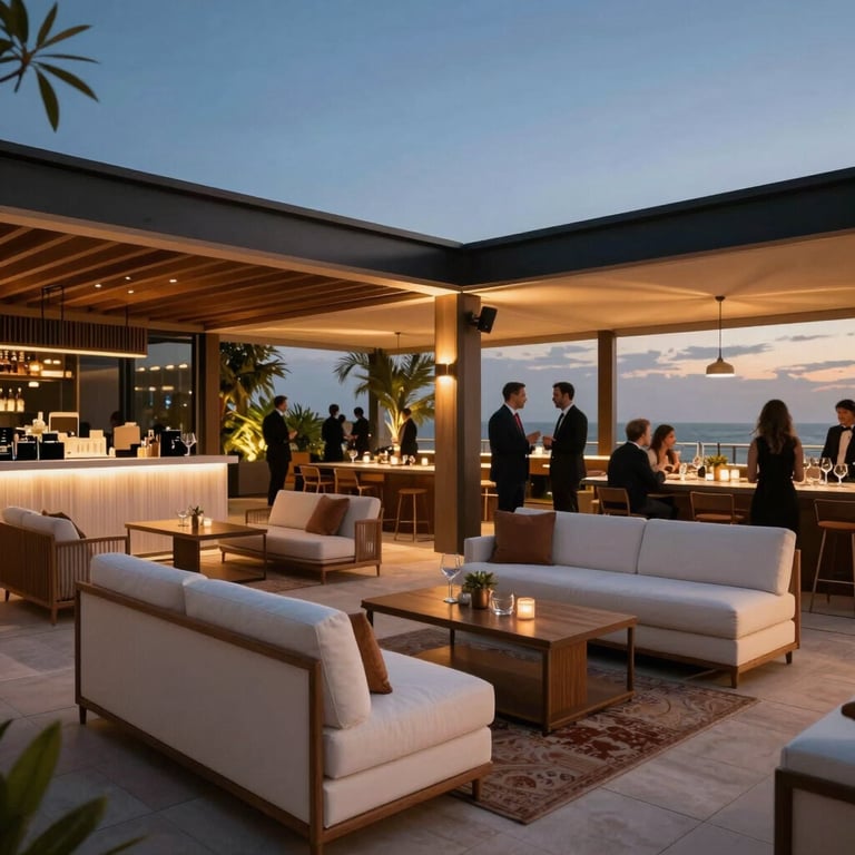 A high-end corporate cocktail party in a modern Brazilian rooftop venue, featuring off-white lounge furniture and warm brown decor accents under a twilight sky.