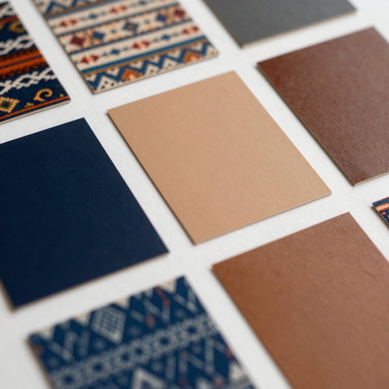 Close-up of a designer's mood board for an upcoming event, featuring palette samples in dark blue, tan, and warm brown with South American textile patterns.