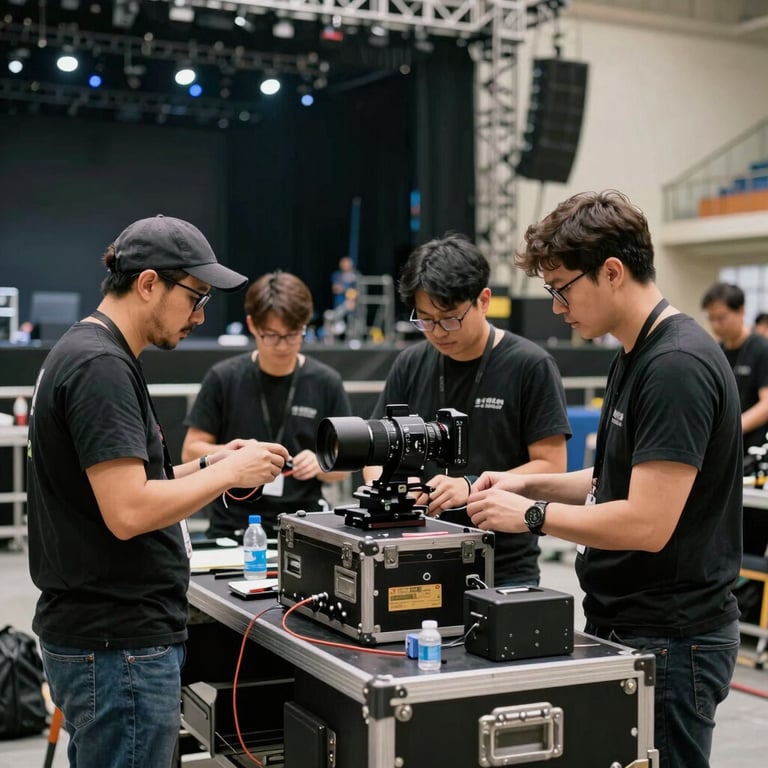 Candid shot of a technical coordination team behind the scenes of a large stage setup, showing professional equipment and meticulous attention to detail.