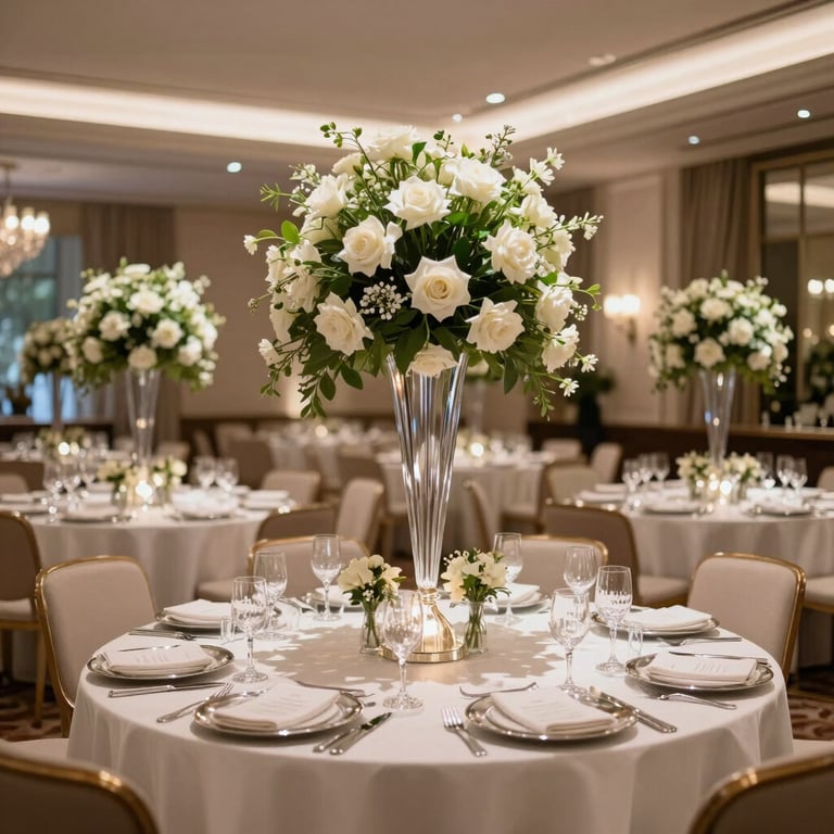 Interior of a luxury gala dinner set for a celebration, with tall floral arrangements, fine crystal, and sophisticated lighting in a prestigious Brazilian hotel ballroom.