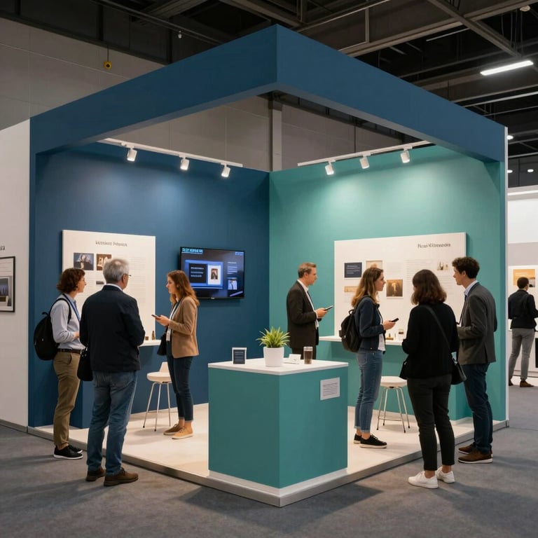 Vibrant exhibition floor during a trade show, showing well-designed booths in medium blue and muted teal, with professional visitors interacting.
