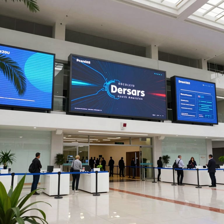 Detailed shot of a grand entrance for a technology congress, with large scale digital screens and organized registration desks in a bright South American facility.