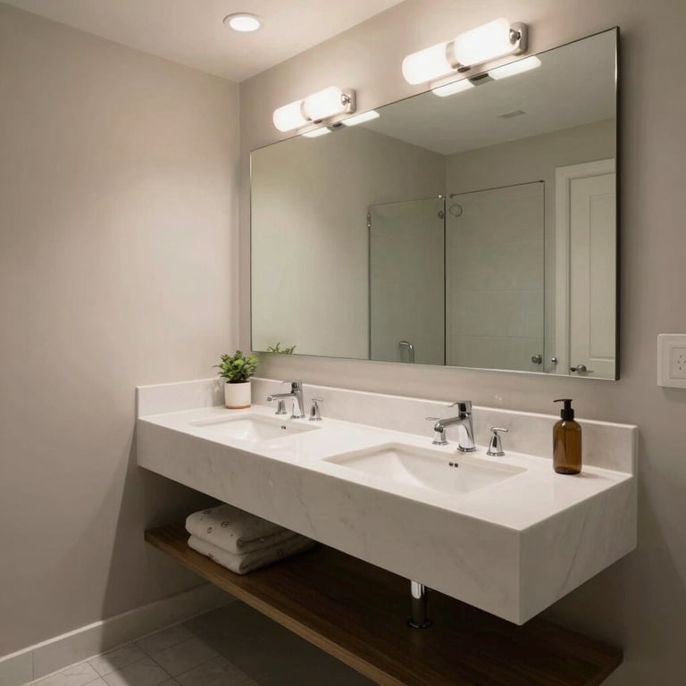 A compact Los Angeles bathroom optimization featuring a floating vanity and large mirrors to create a sense of space.