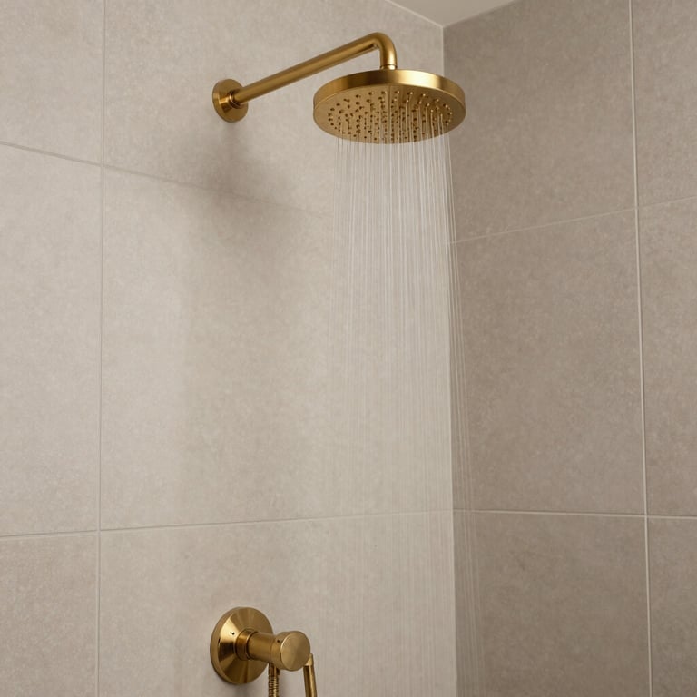 Neutral tone interior with geometric tile work and a gold rain-head shower fixture, clean and modern aesthetic.