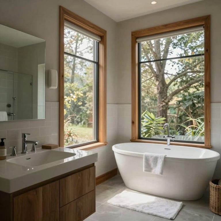 A modern North American / US ensuite bathroom with high architectural windows and natural wood accents reflecting a serene spa atmosphere.