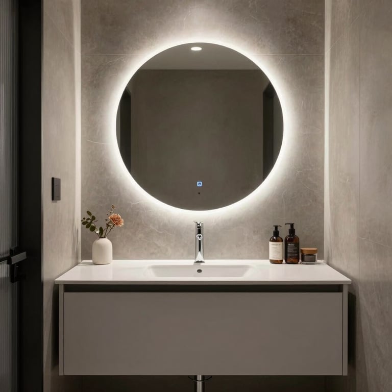 Smart bathroom layout with integrated LED lighting behind a circular mirror and minimalist storage solutions.