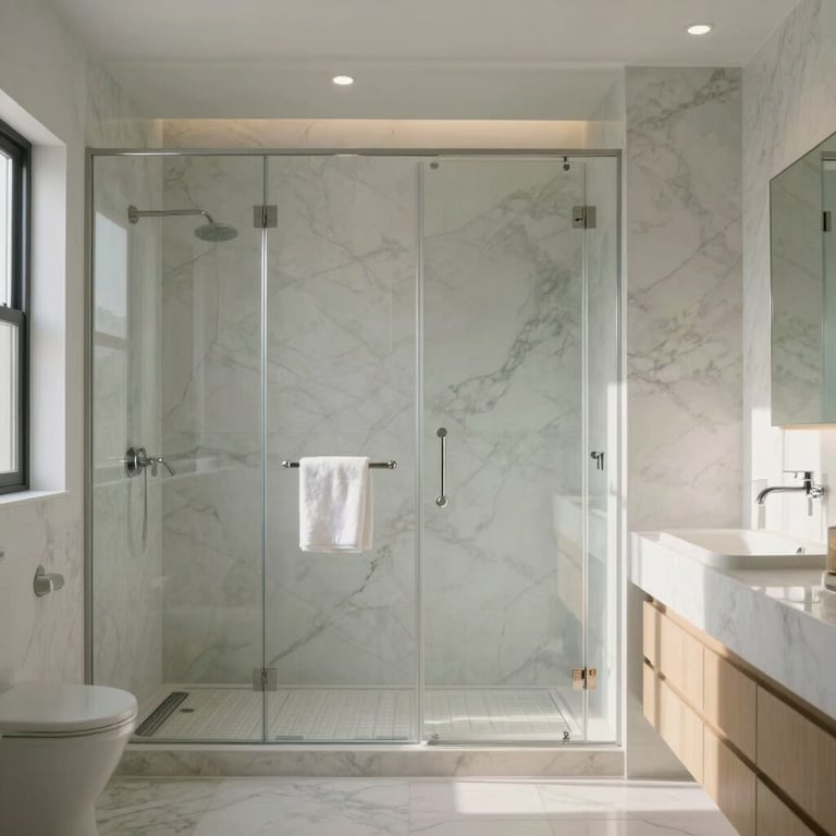 A minimalist spa-like bathroom layout with white marble surfaces and a glass-enclosed shower, soft morning light, North American / US home.