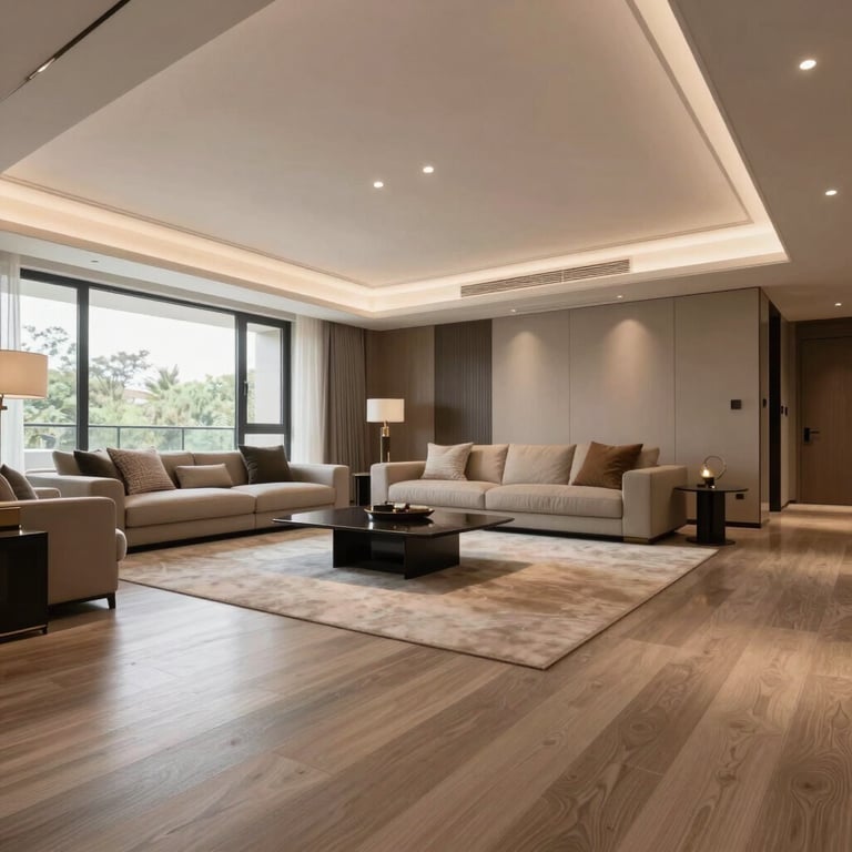 Interior of a luxury living room featuring high ceilings and warm taupe wooden flooring.