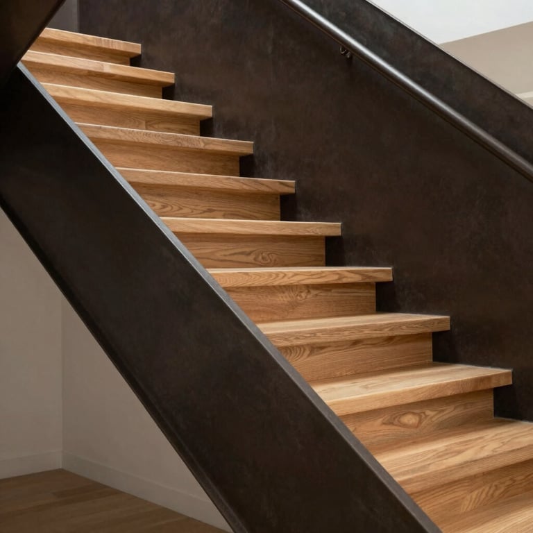 Architectural detail of a custom-built staircase using dark charcoal brown steel and light oak wood.