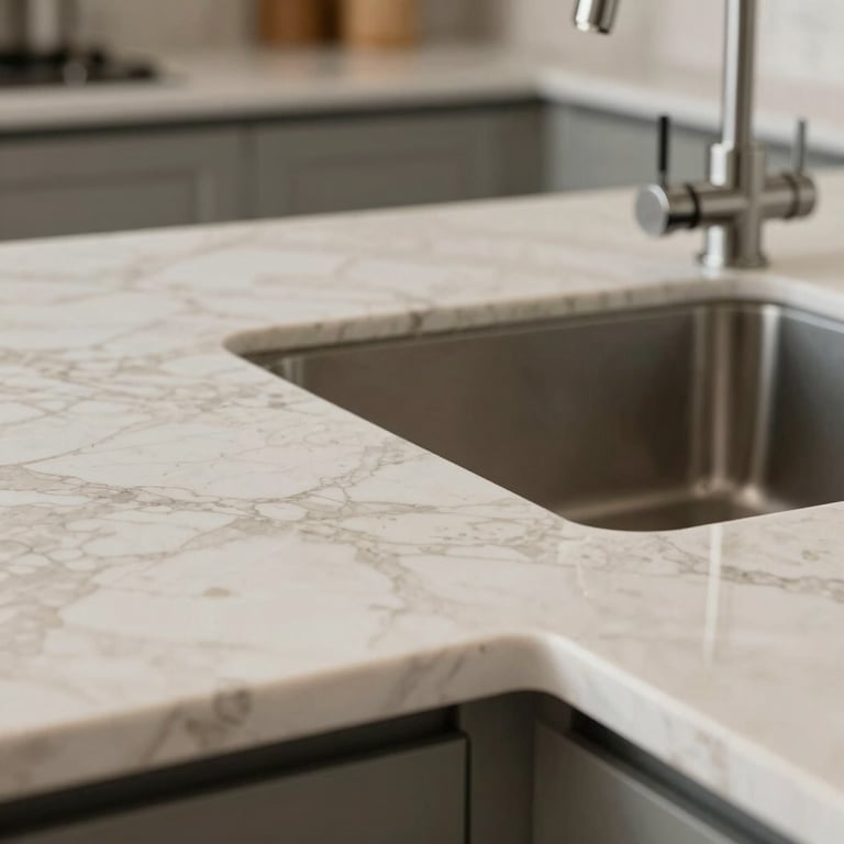 Close-up of a kitchen renovation featuring creamy off-white marble countertops and modern fixtures.