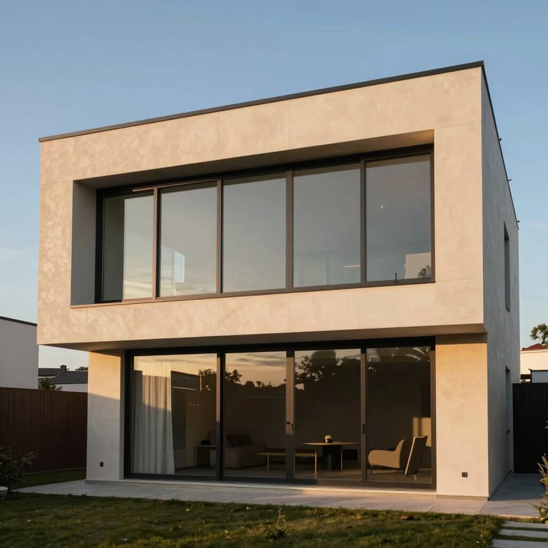 Exterior of a modern minimalist house with large windows and a soft sandy beige facade at sunset.