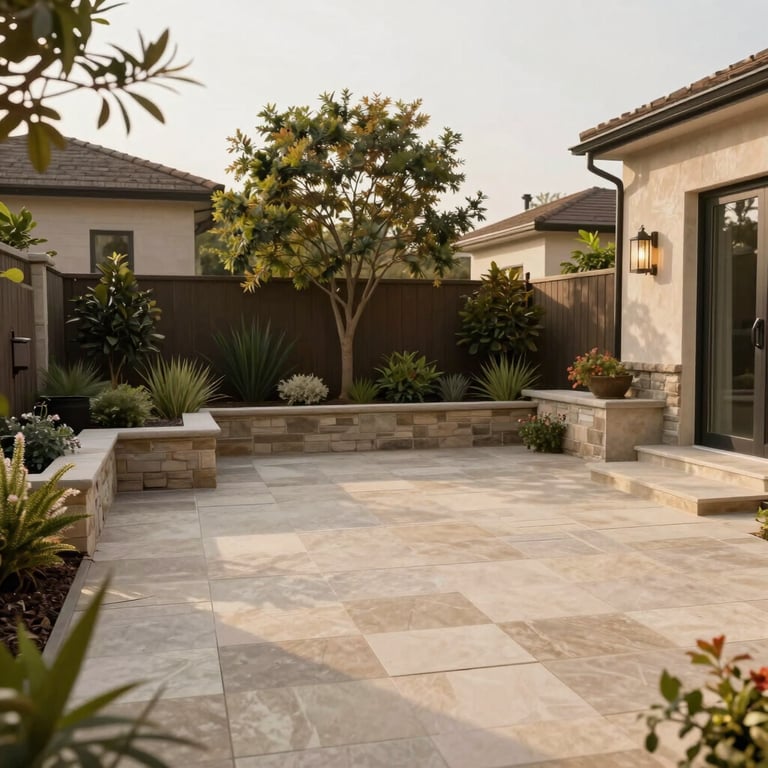 A spacious backyard with a custom-designed patio and professional landscaping in warm neutral tones.