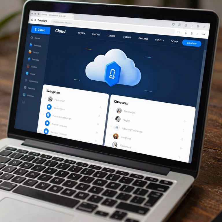 Close-up of a laptop showing a secure cloud infrastructure dashboard with dark blue and electric blue accents.