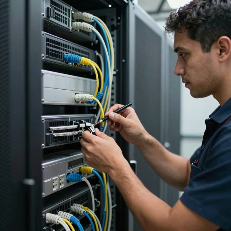Professional technician in Ecuador installing structured cabling with precision in a clean server environment.