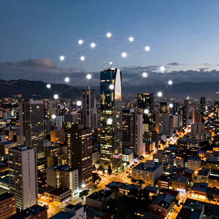 Atmospheric shot of a modern city in Ecuador at dusk with glowing lights, symbolizing digital connectivity.
