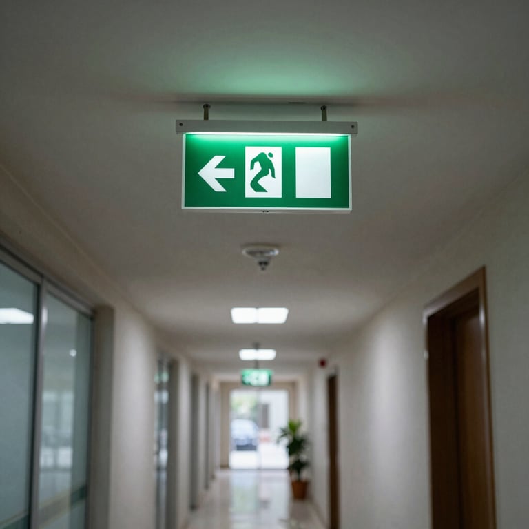 An emergency exit sign glowing above a clear hallway in a Brazilian corporate building.
