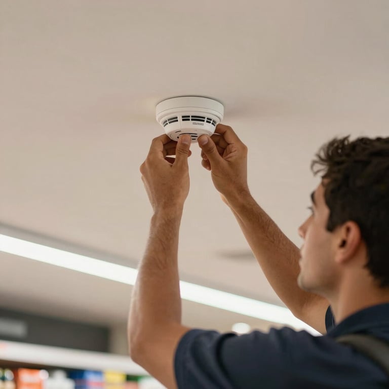 A technician installing a smoke detector on an off-white ceiling in a modern South American shopping mall.